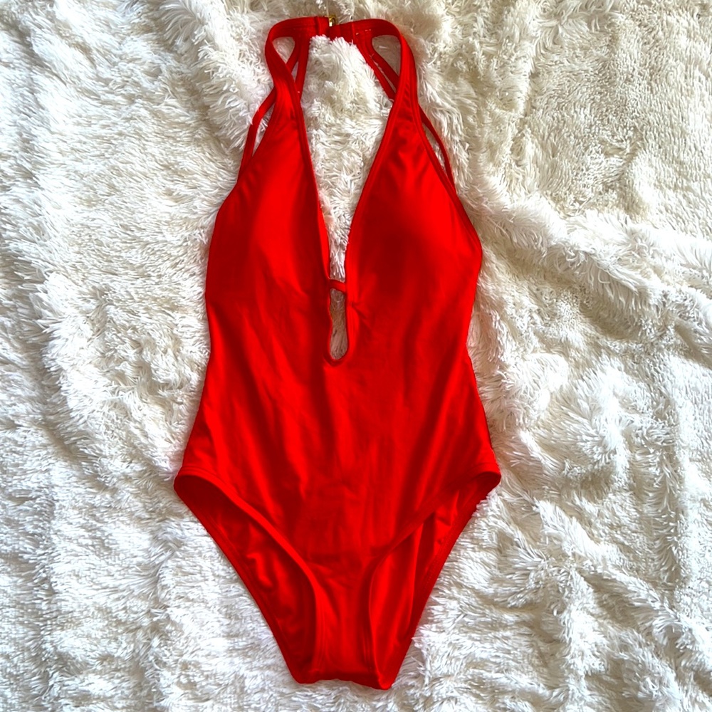 Vince Camuto Red/Orange Cut Out Scrunch Bum One Piece - Size 10